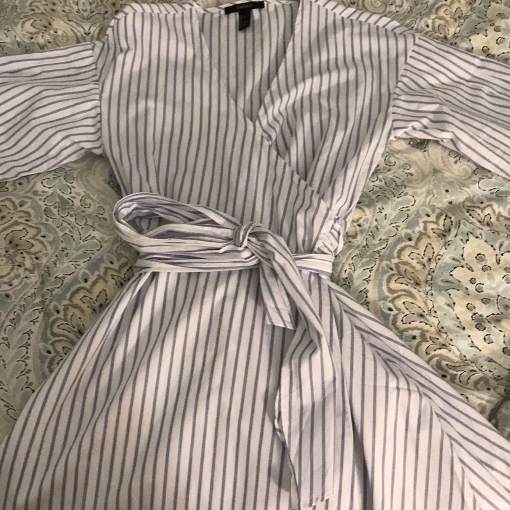 White and blue striped wrap dress